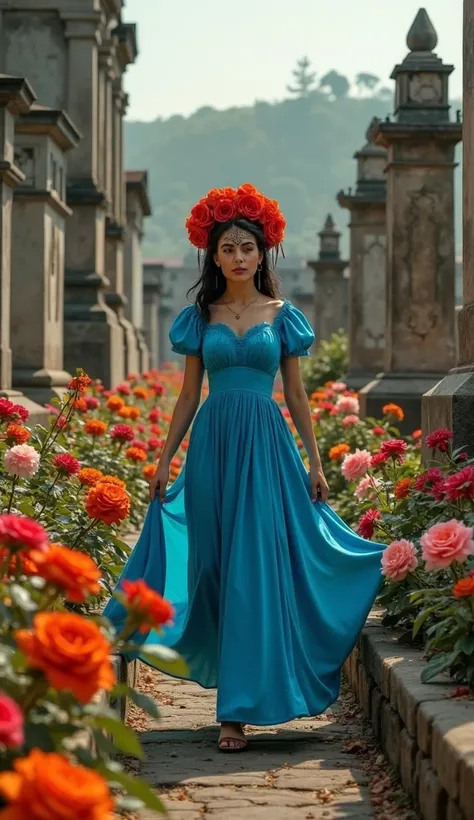  A beautiful Mexican Katrina wearing blue , walking in the cemetery , ancient tombs with flowers and roses of various colors.Colonial Mexico .cinematic.realistic