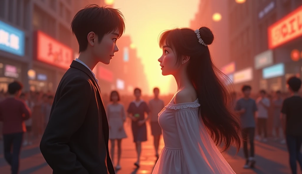  3D animation style in a hazy dusk， Ah Cheng saw Liya walk through the crowd ，She wore a white dress， and smiled at him 。Ah Cheng opened her eyes ， The heart was full of hope and shock 。 The background was a busy city street ，The lights are dim， The pedest...