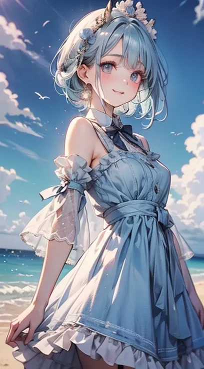 art by Cornflower,( Masterpiece),(4K), High Quality , small breasts, 1 girl,owl， beautiful pastel blue hair ,Pale skin, beautiful smile, Blue Eyes with Beautiful Details ,( light blue collared dress reflecting the spreading blue sky and summer clouds),( mu...