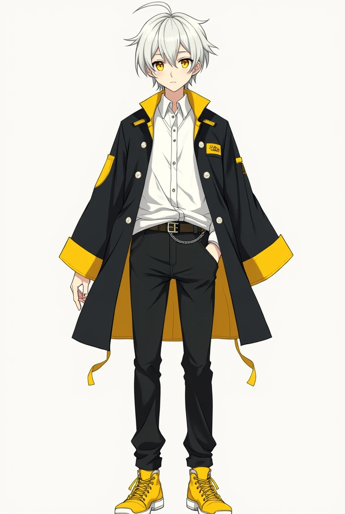 anime boy, white haired, yellow eyes,  white shirt with a black open coat with yellow details,  wearing black pants and yellow sneakers 