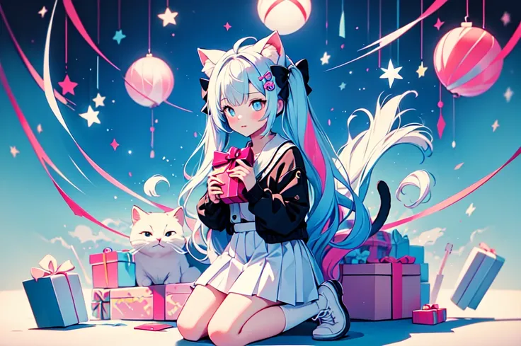 Best quality,masterpiece,ultra high res,1girl, animal ears, cat ears, blue eyes, blue hair, solo, long hair, bow, hair bow, chibi, ahoge, black bow, long sleeves, holding, white skirt, cat girl, skirt, virtual youtuber, bangs, multicolored hair, cat tail, ...