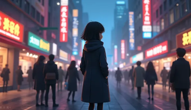  3D animation style Ah Cheng standing on a busy city street corner ，Wearing a dark coat ， with her hands in her pockets ， staring at the bustling crowd 。 The surrounding crowd hurried past ， but Ah Chengs gaze always stayed at the end of that familiar stre...