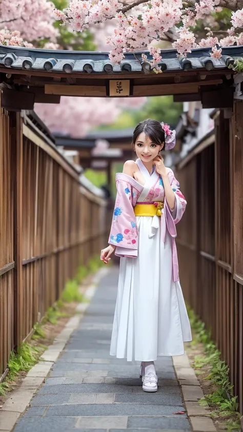 ( off-shoulder 、hanbok:1.1、Hanfu、hanbok:1.1、can、Japanese hairstyle)、( 1 22-year-old girl 、double bun:1.1、 thin body、Big Breasts)、(Narrow street in the shrine grounds where cherry blossoms are in full bloom、torii、Bokeh)、 greatest masterpiece:1.3、Raw photo q...