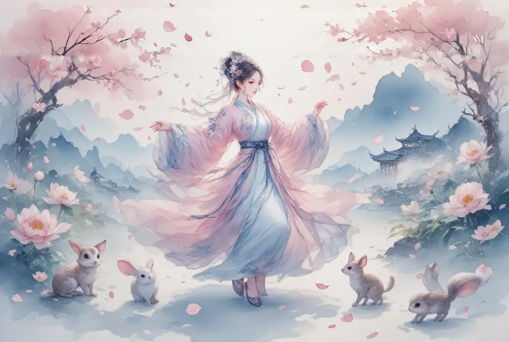 score_9, score_8, score_7, watercolor,  beautiful taoyuan township , the goddess, feather coat,  pink light silk , dancing in ta...