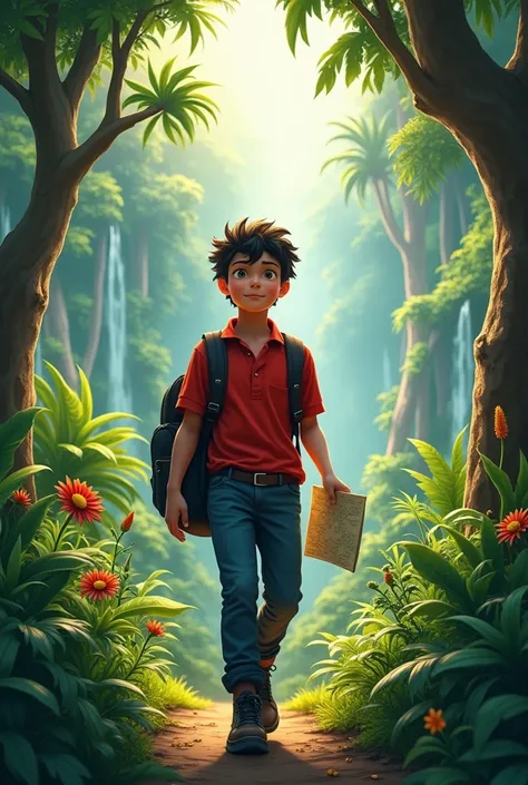 A 20-year-old boy, wearing a red shirt, blue pants and black shoes, went on a journey through the forest. Carrying a black bag on his shoulder and holding a map in his hand. A jungle with beautiful waterfalls.