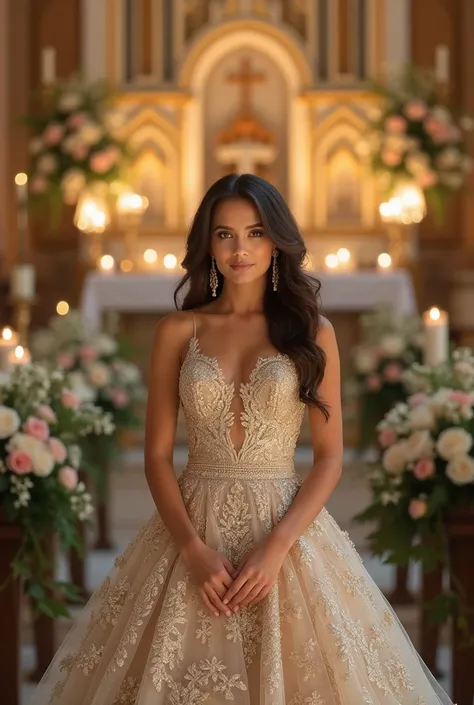 bridesmaid on the altar wearing gold and silver dress. in front of the camera 