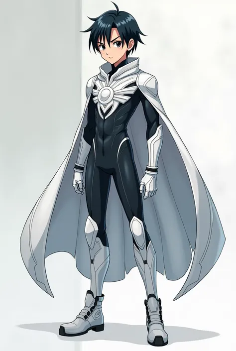 An anime boy wearing a black bodysuit with white accents, covering the legs and wrists. It has a high collar, white boots, white gloves, a white cape, and a white sun symbol on the chest.

