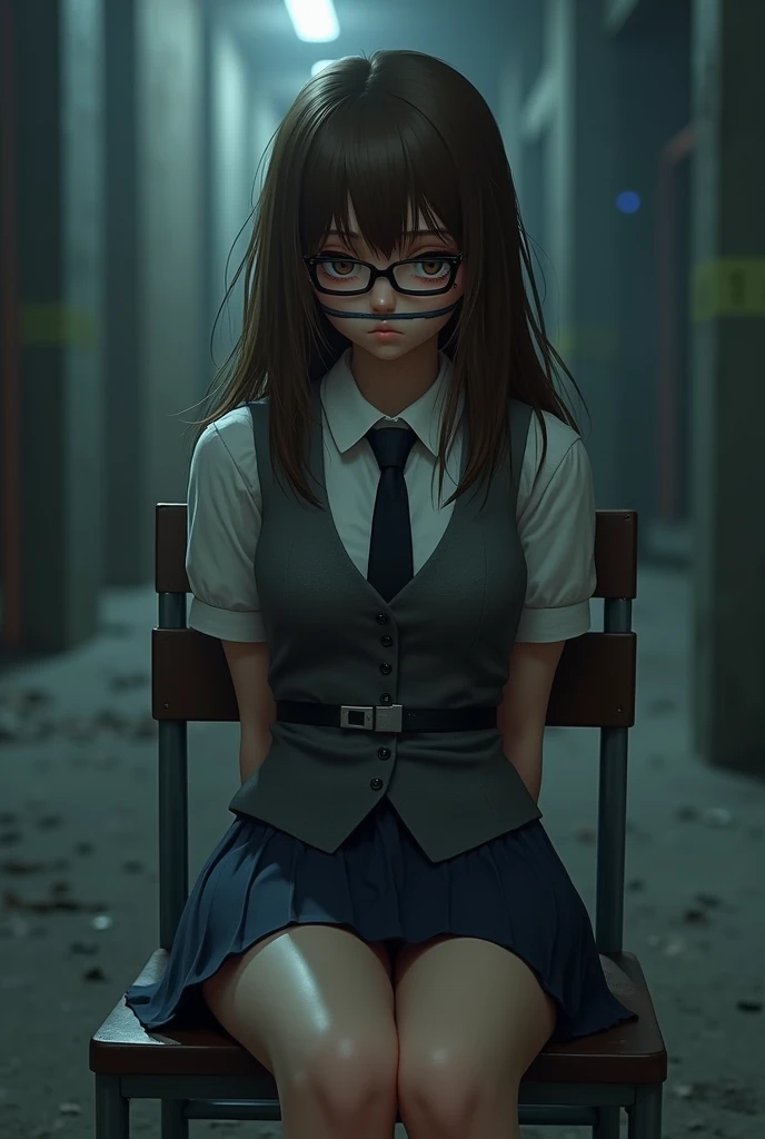 ai girl, bound, long hair, brown eyes, eye glasses, arms together behind back, best quality, ultra-detailed, high resolution, extremely detailed cg, unity 8k wallpaper, masterpiece, perfect skinny body, ai picture, femsub, white elbow sleeves with non-butt...