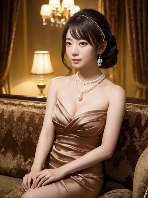 she is a very beautiful and well-styled japanese woman in a dark night cabaret with romantic lighting wearing a short silk cockt...