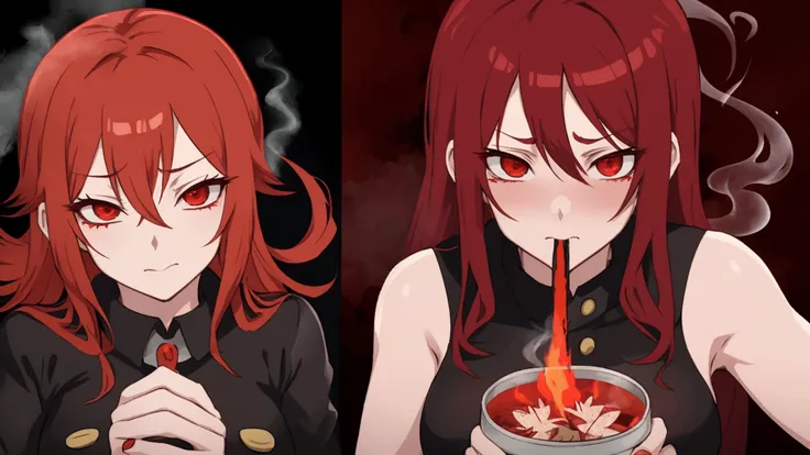 5 Fire Force characters with intense red hair and red eyes, smoking marijuana, Lots of smoke all over the image, gasping girls , blushed