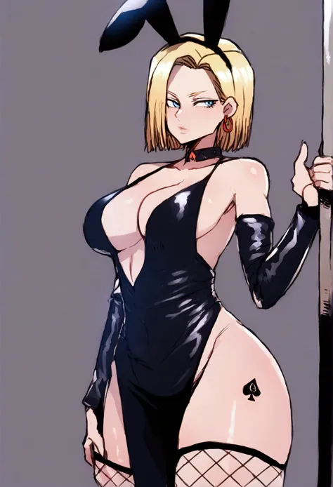 Ratatatat74 style, 1girl, solo, Android 18, portrait, looking to the side, a woman standing by a bar pole dancing, wearing a black leather bunny outfit with bunny ears on her head, full view, seductive facing forward, stockings, revealing dress, big breast...