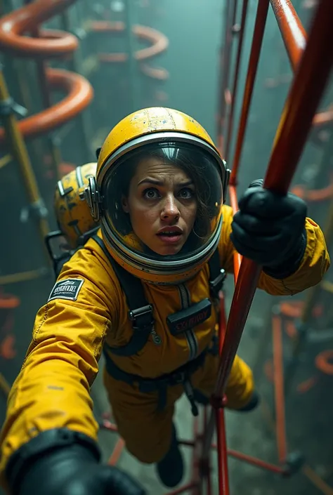 Main Visual: A close-up of the cosmonauts face wearing a yelloew spacesuit, black chemical gloves and boots showing fear or tension, climing on the structure adding a sense of mystery and fear. Inside a scary Atmosphere massive damage Indoor playground wit...