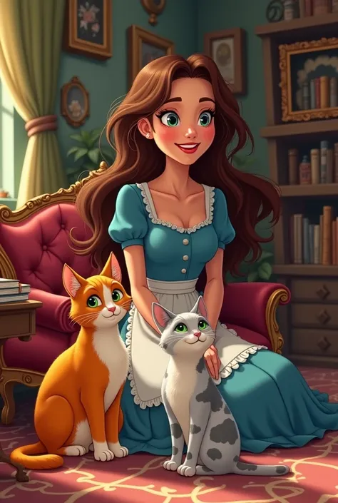 a beautiful cartoon adult woman with messy long flowing brown hair and deep brown eyes, she is smiling at something past the viewer, she is wearing a blue dress with a white apron, there are three different cats that are sitting near her feet on the floor,...