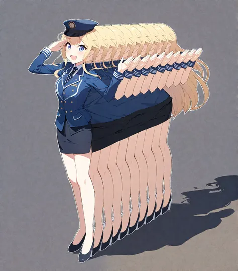 (masterpiece, best quality), best resolution, 16k, 1girl, solo, full-body shot, perspective view, drawing of a woman in uniform, blue suit jacket, pencil skirt, necktie with stripes, (multiple arms, multiple legs, multiple girls queue in a line and wear on...