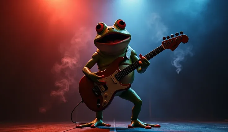 Frog standing on stage playing guitar with emotional expression, screaming, singing loudly with big opened mouth. smoky atmosphere, background is a dark stage with red, blue, yellow lights focusing on frog.