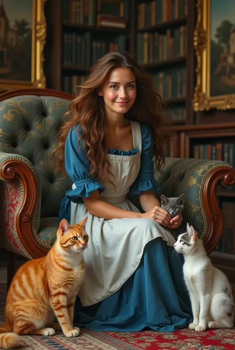 a beautiful adult woman with messy long flowing brown hair and deep brown eyes, she is smiling at something past the viewer, she is wearing a blue dress with a white apron, there are three different cats that are sitting near her feet on the floor, the fir...