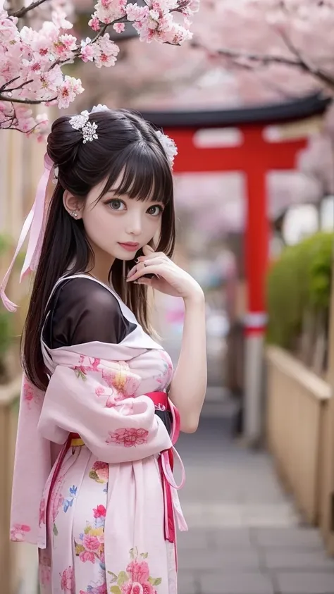 ( off-shoulder 、hanbok:1.1、Hanfu、hanbok:1.1、can、Japanese hairstyle)、( 1 22-year-old girl 、double bun:1.1、 thin body、Big Breasts)、(Narrow street in the shrine grounds where cherry blossoms are in full bloom、torii、Bokeh)、 greatest masterpiece:1.3、Raw photo q...