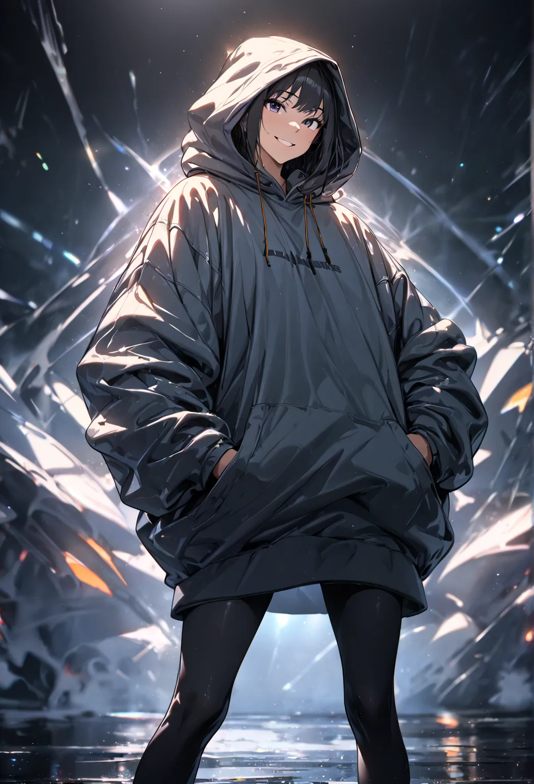 (masterpiece:1.2,  best quality), ( high definition),    one boy  ,  long legs ,   oversized hoodie,  standing, smile, volumetri...