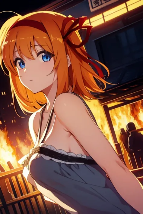 kaedefuyou, kaede fuyou, short hair, orange hair, hair ribbon, hairband, blue eyes,whole body、 show me your butt 、 black bra、セクシーなパンティ BREAK looking at viewer,Shy BREAK Night 、 fence、Bases Exploding in Flames 、 Building Burning by Fire BREAK (masterpiece:1...