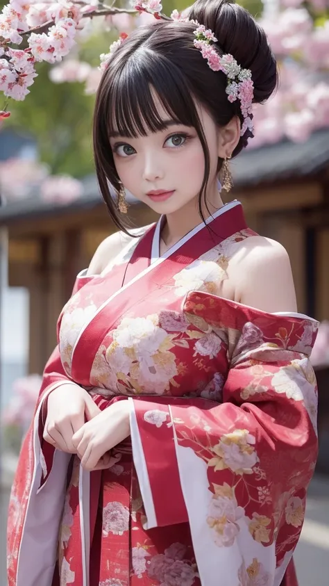 ( off-shoulder 、hanbok:1.1、Hanfu、hanbok:1.1、can、Japanese hairstyle)、( 1 22-year-old girl 、double bun:1.1、 thin body、Big Breasts)、(Narrow street in the shrine grounds where cherry blossoms are in full bloom、torii、Bokeh)、 greatest masterpiece:1.3、Raw photo q...