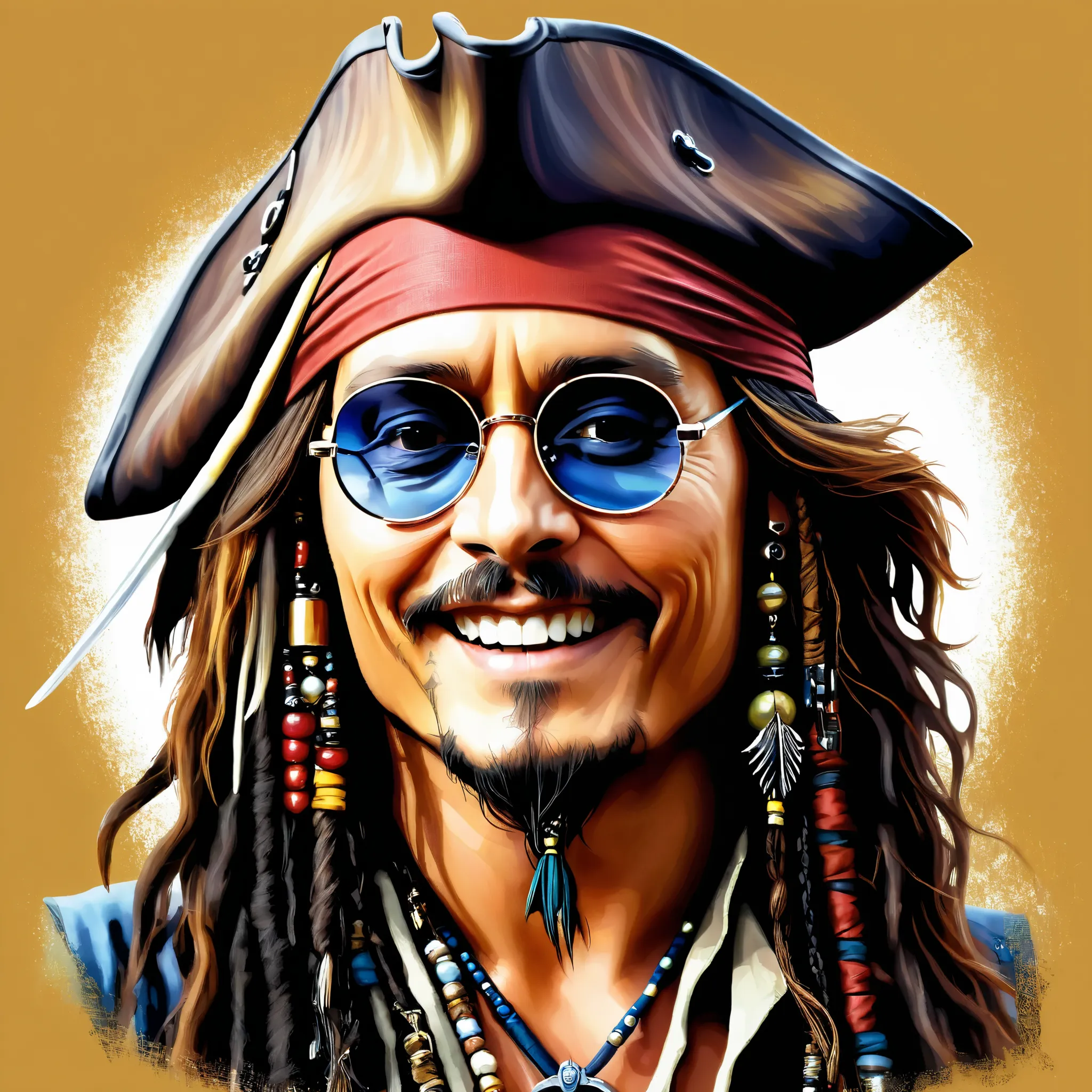 lucas arts,  captain jack sparrow,  johnny depp,  flat shading , round sunglasses ,smile