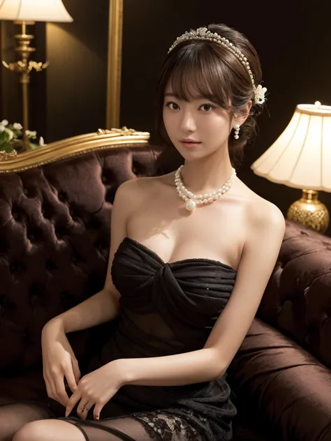 she is a very beautiful and well-styled japanese woman in a dark night cabaret with romantic lighting wearing a short silk cockt...