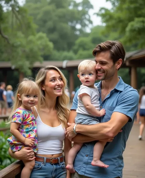 A high-quality, realistic image of an Instagram influencer family at the zoo. The woman, a blonde with blue eyes, is stylishly dressed and smiling warmly as she interacts with her family. Beside her is a man with dark brown hair and a confident demeanor, h...