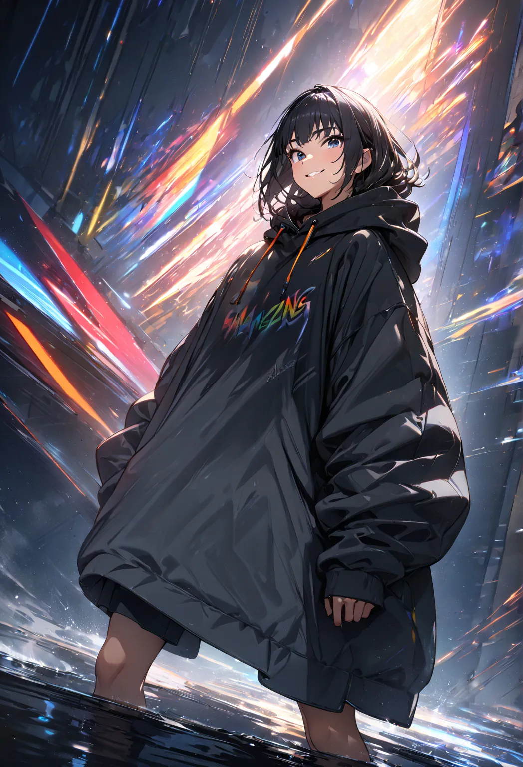 (masterpiece:1.2,  best quality), ( high definition),    one boy  ,  shortcuts, oversized hoodie,  standing, smile, volumetric l...