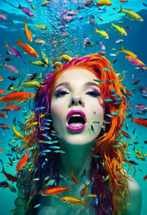 A woman with long, colorful hair floating underwater, with dozens of small fish coming out of her mouth and vibrant colors, in the style of Miles Aldridge.
 