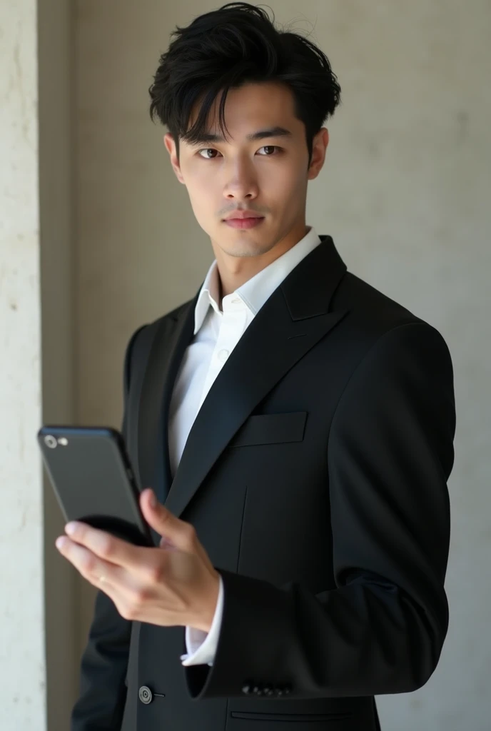 和風suitを着た美しい男性、 black eyes , young muscular ,  taken with smartphone ,  selfie ,  best quality, 1 beautiful man ,  perfect face,  Japanese Men , , suit,  short hair,  black hair,  posing like a magazine cover ,