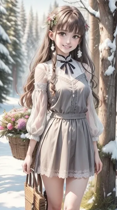  CG, 8k wallpaper,  beautiful face,  Delicate Eyes, country々, Alone, owl，smile, bangs,  skirt,  shirt,  have ,  dress, bow,  petals, bouquet , Maple Tree, Mistletoe , nice,  maple and spruce trees , cherry blossoms, cherry blossoms tree, smile,  Front View...