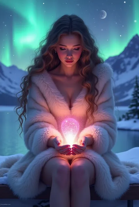  The girl holds the Northern Lights So Beautiful and Colorful That she shimmers in her hands,  The girl herself Beautiful and Sexy Bright curly hair is long that descends to the ground , Dressed in a Beautiful Fur Dress with Down Upholstery Large voluminou...