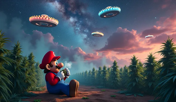 mario brother smoking weed in a field of marijuana with big buds and milky way galaxy ultra sharp and visible in the sky above flying saucers full of lights, lots of smoke blowing up smoke, ultra vivid eye-catching colors making strong contrasts masterpiec...