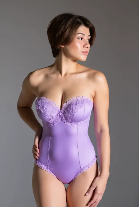 A Korean man in Body shaping underwear for women, He had surgery to become a woman, his body is completely female, voluptuous female body, breasts like a woman, slender female body, His hairstyle is short and manly, light purple, silk, Rich lace and frills