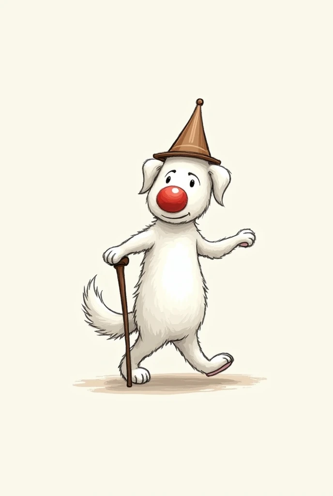 a white dog with a red nose, wearing a traditional conical hat. Its front paw is resting on a walking stick as if its casually strolling with a serious expression. The dog’s fur is soft, but the lines are rough and simple, creating a humorous and cute feel...