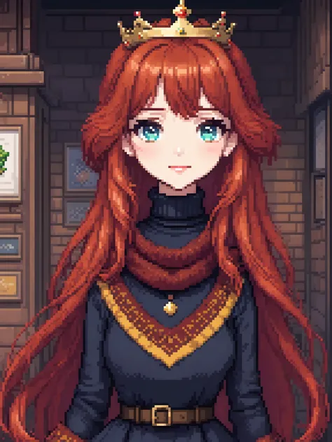  Pixel art , 1girl, cute, bust up, light smile,  32 bit game style
a white girl with long red hair with a little fringe, navy blue eyes, red cheeks and long eyelashes ,  wearing a long dark red sweater mixed with brown wool with long sleeves and a long tur...