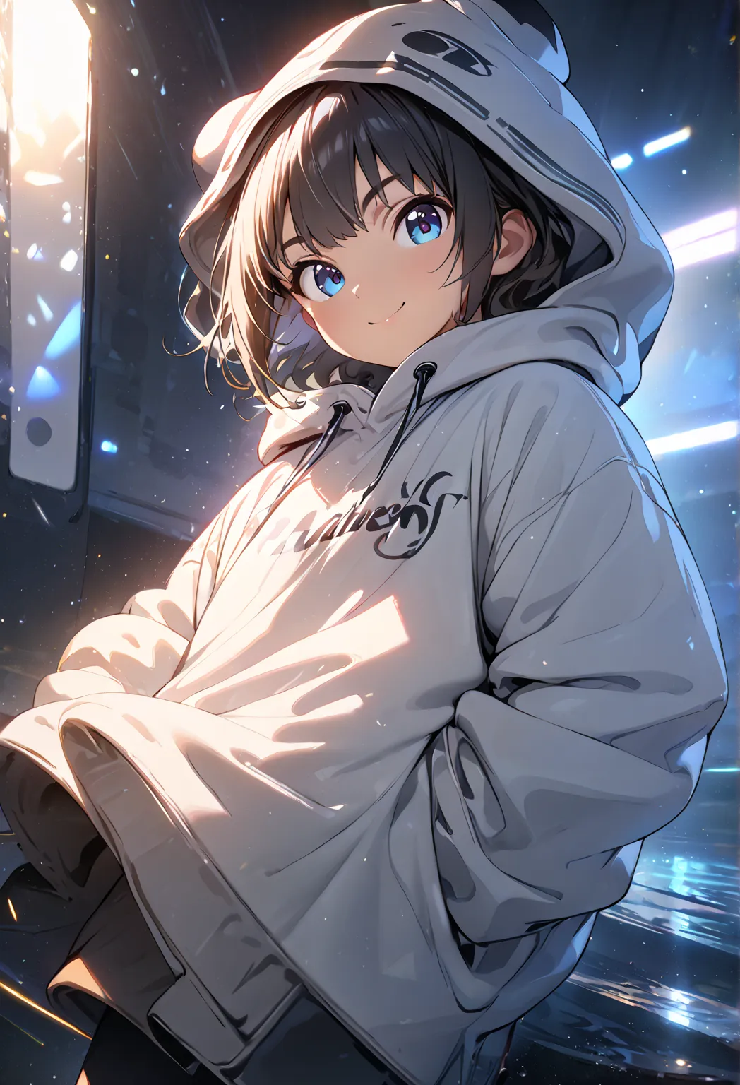 (masterpiece:1.2,  best quality), ( high definition),    one boy  ,  shortcuts, oversized hoodie,  standing, smile, volumetric l...