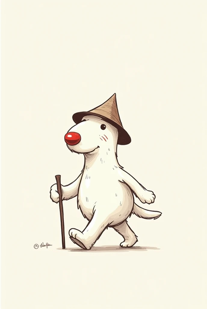 a white dog with a red nose, wearing a traditional conical hat. Its front paw is resting on a walking stick as if its casually strolling with a serious expression. The dog’s fur is soft, but the lines are rough and simple, creating a humorous and cute feel...