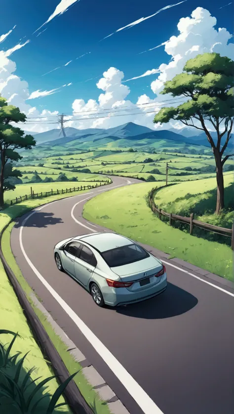 An ultra-detailed anime-style illustration of a serene countryside road on a sunny day, surrounded by lush green fields and gentle rolling hills extending into the horizon. The road is smoothly paved, with clean white lane markings curving gracefully into ...