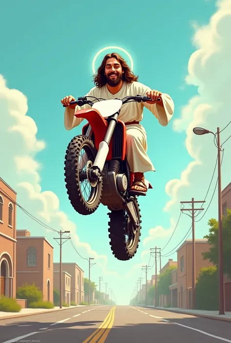  cartoon image of jesus on a street with clear sky, in a white robe doing a stopie on a dirtbike