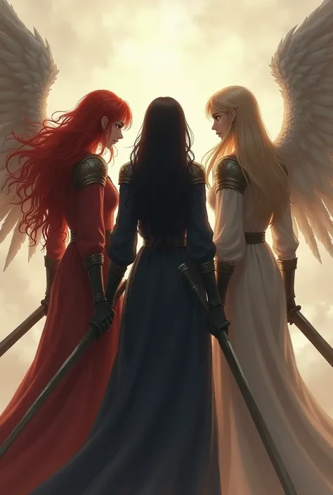 3 female warrior angels  (backwards) in the distance, one with red hair , one with black hair and the other with ashy yellow hair , con vestiduras de aprendiz de guerrero paradas backwards  en posee de batalla cubriéndose entre ellas 