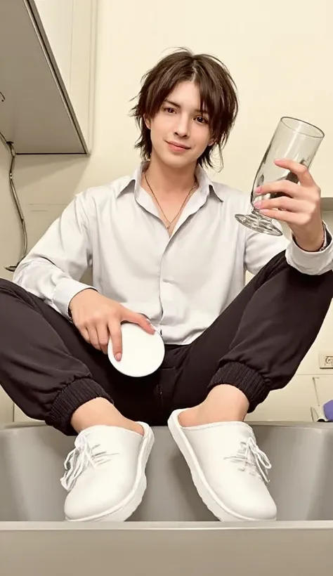 realistic Anime style 1 handsome semi fat guy, semi messy hair, wearing white shirt and black jogging pants white slippers he is washing plates and glass with charming smile, full body shot, accurate prompt details, no blurry, perfect eyes