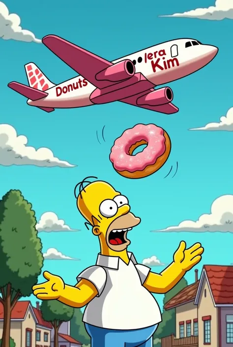  Homer Simpson picking up a donut in the air and a plane carrying a message that says: Donuts Vera Kim 