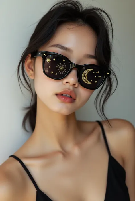 The Korean model wears sunglasses with stars and moons on the glasses