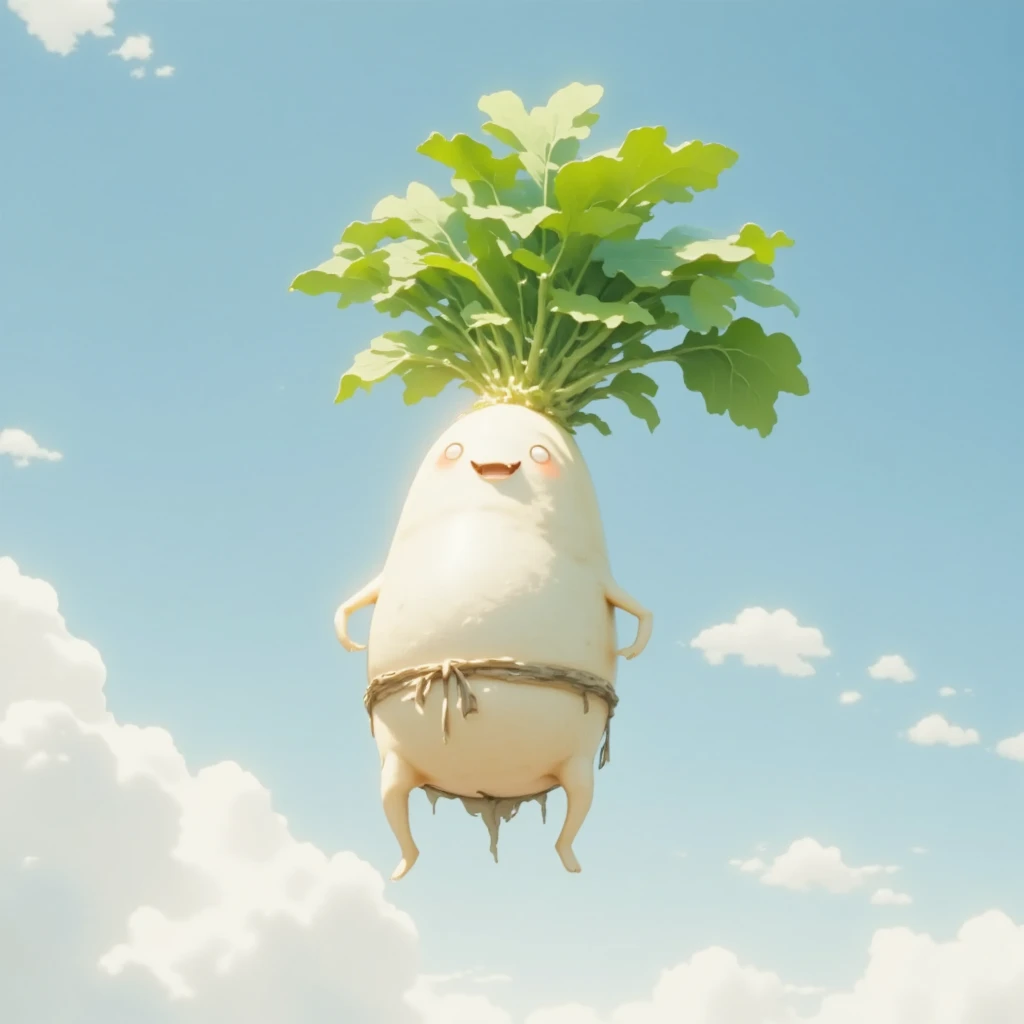 masterpiece, 1daikon character is skydiving, blue beautiful sky,最 High Quality ,  HD Model,  High Quality , 