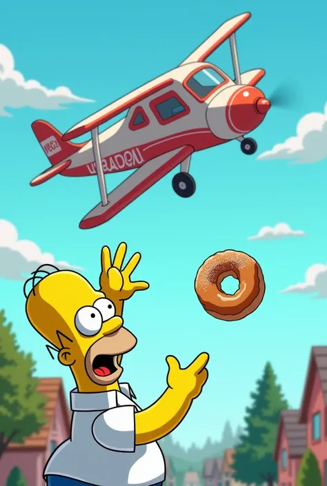  Homer Simpson picking up a donut in the air and a plane carrying a message that says: Donuts Vera Kim 