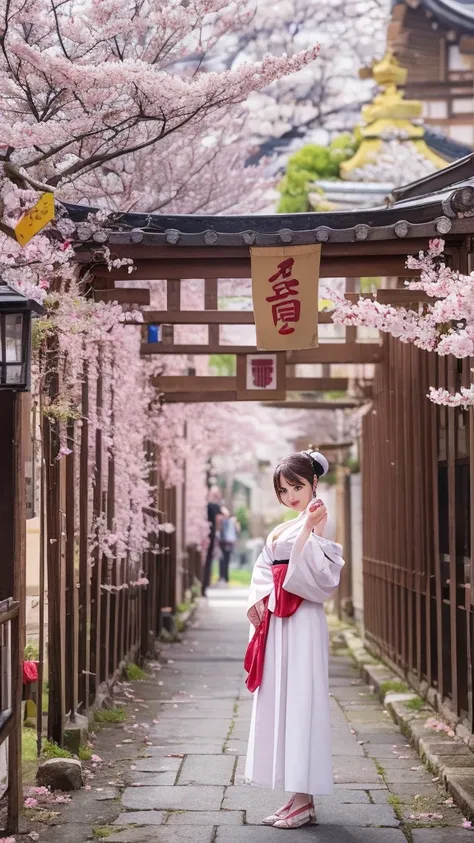 ( off-shoulder 、hanbok:1.1、Hanfu、hanbok:1.1、can、Japanese hairstyle)、( 1 22-year-old girl 、double bun:1.1、 thin body、Big Breasts)、(Narrow street in the shrine grounds where cherry blossoms are in full bloom、torii、Bokeh)、 greatest masterpiece:1.3、Raw photo q...