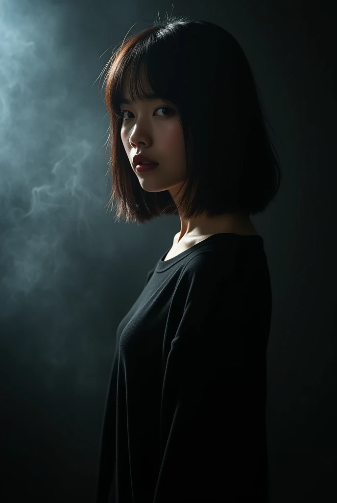 ((hyper realistic ,detail:1.1)),(full body:1.1), beautiful indonesian girl, thin lips, dark lipstick, wearing black long sleeve shirt,backlight photography,front side view, face facing front,medium short hair, front poni hair hairstyle,  aestethic pose mod...