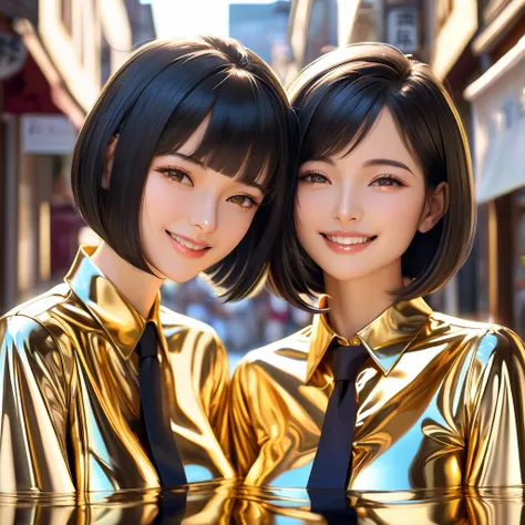 2 mothers and daughter ,  masterpiece,  black hair, Lens reflection, Reflected light,  buttoned in extremely tight shiny golden metallic blouse,Necktie,  high resolution , portrait, bob cut, Are in town,smile, short sleeve