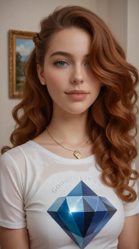 Oil on canvas, Long auburn wavy hair, sea-green eyes, 30ish years old, gorgeous woman,  (beautiful face: 1.2), Looking at viewer, flirting, desire in her eyes, henley t-shirt, soft feminine body, intricate diamond and white gold necklace, gorgeous shapely ...